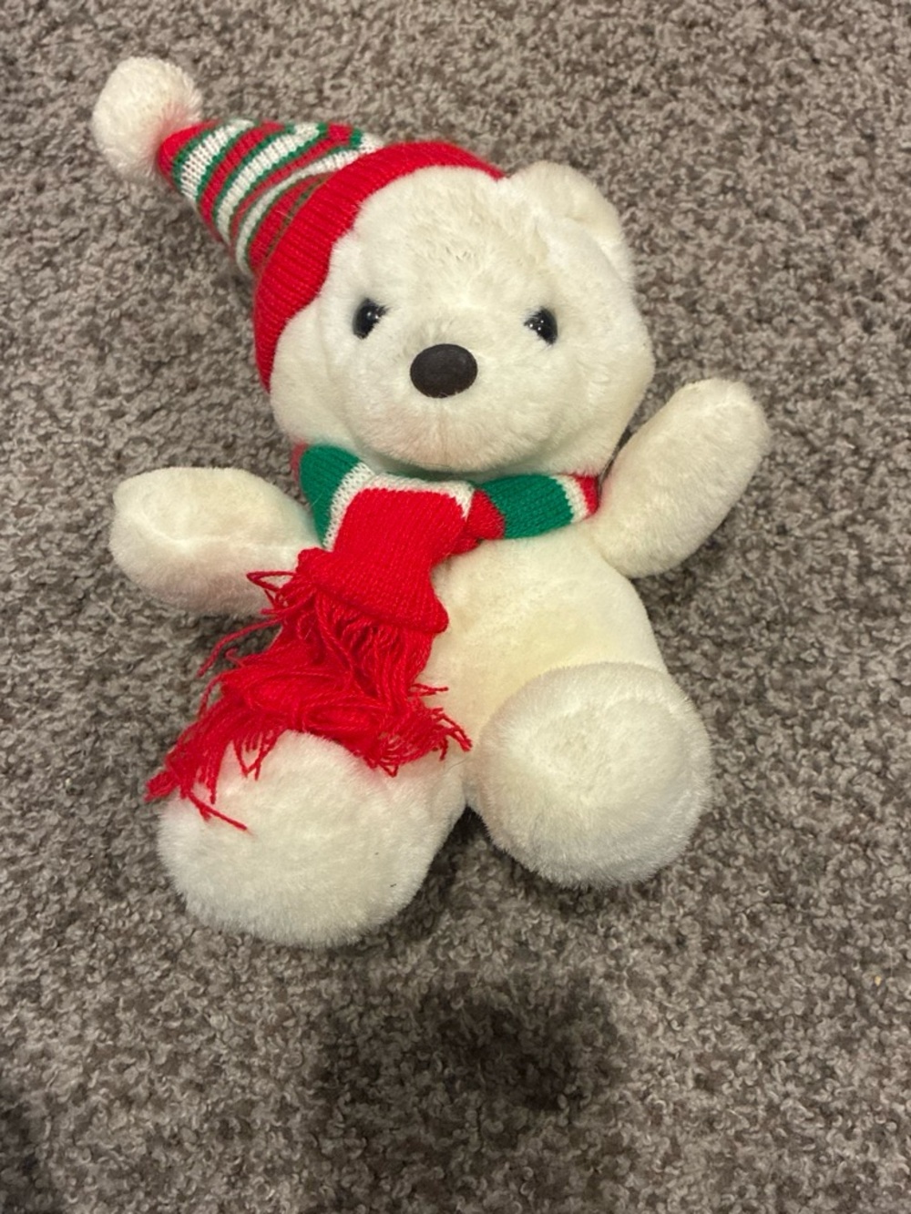 Festive White Plush Bear with Red & Green Hat and Scarf